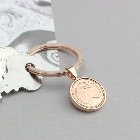 Rose Gold or Silver 1975 50th Birthday Half Pence Keyring