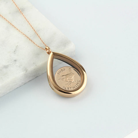 70th/ 80th Birthday Rose Gold Farthing Locket Necklace