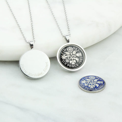 Personalised 1965 60th Enamelled Sixpence Necklace
