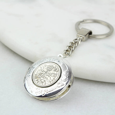 60th Birthday Lucky Sixpence Vintage Locket Keyring