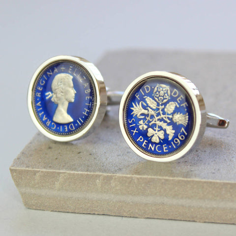 Personalised 60th Birthday Enamel Sixpence Cufflinks