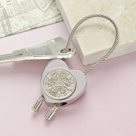 Personalised Sixpence Heart Keyring Dates 1928 To 1967