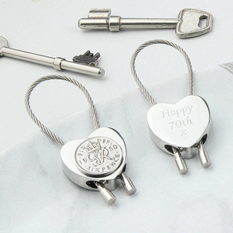 Personalised 1955 70th Birthday Sixpence Heart Keyring