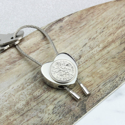 Personalised 1965 60th Birthday Sixpence Heart Keyring