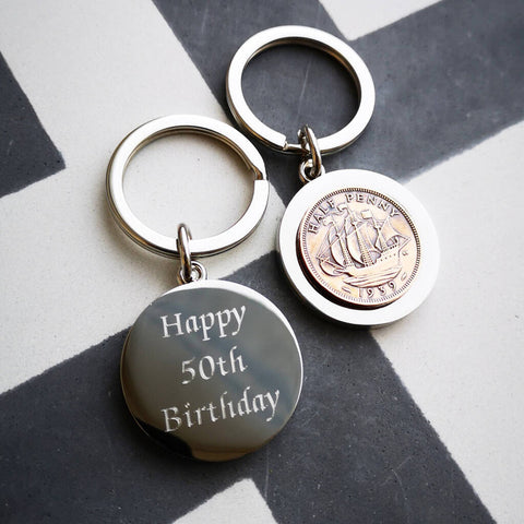 Personalised 70th Birthday 1955 Half Penny Keyring
