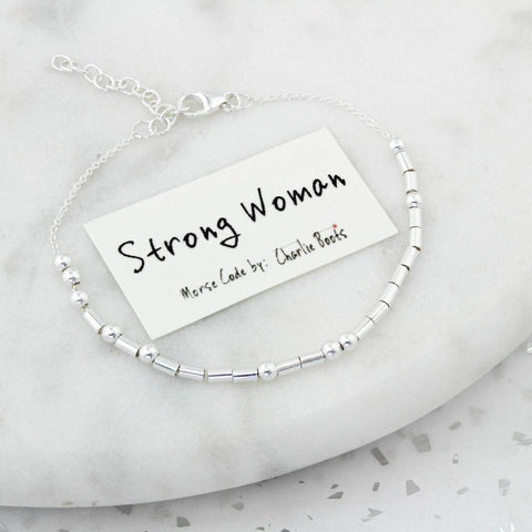 Strong Woman Sterling Silver Morse Code Chain Bracelet