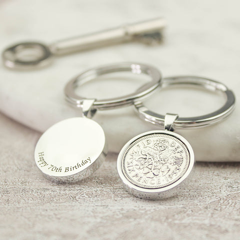 Personalised 70th Birthday Sixpence Coin Keyring
