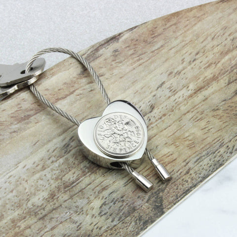 Personalised 1964 60th Birthday Sixpence Heart Keyring